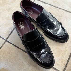 Franco Sarto Glossy Black Loafers with Fringe